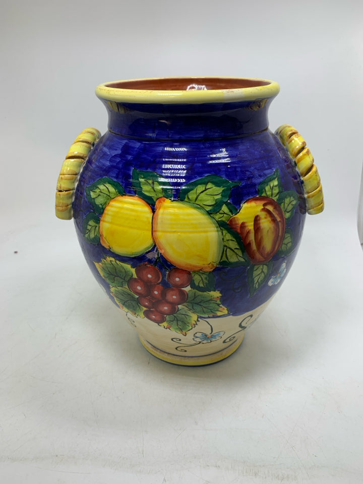 LARGE CERAMIC COBALT BLUE YELLOW URN VASE W/ PAINTED LEMONS.