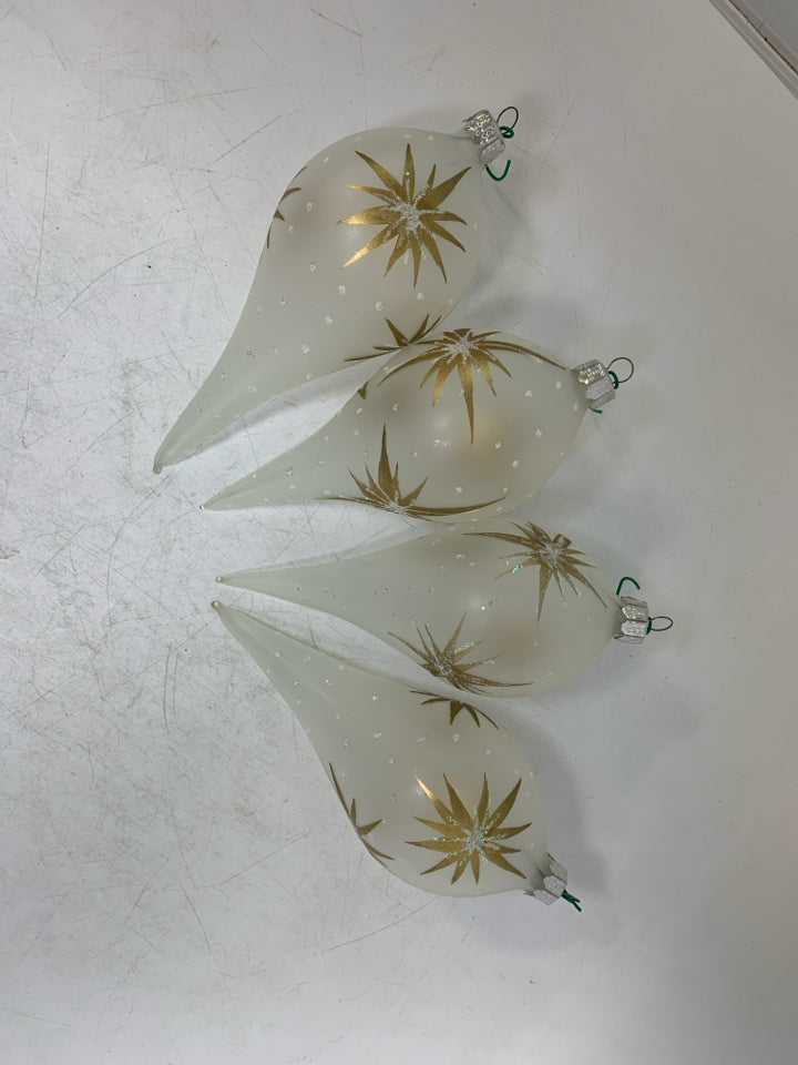 4 FROSTED GLASS TEAR DROP ORNAMENTS W/ GOLD STAR BURST IN BAG.
