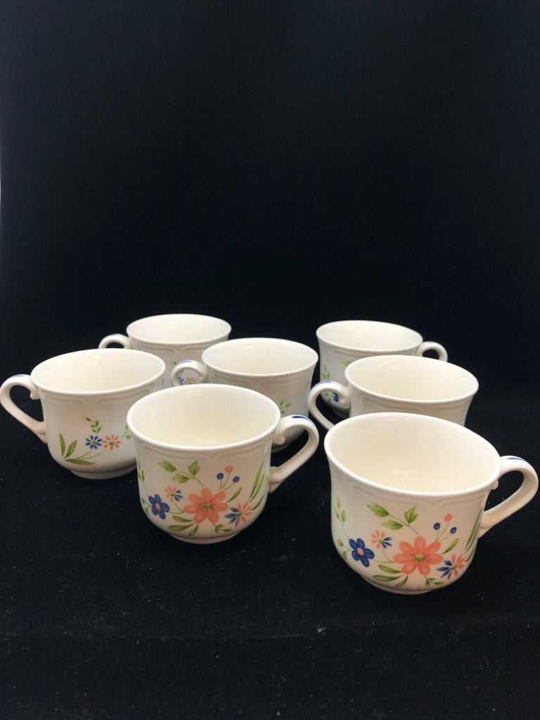 7 COUNTRY FRENCH IRONSTONE FLORAL MUGS.