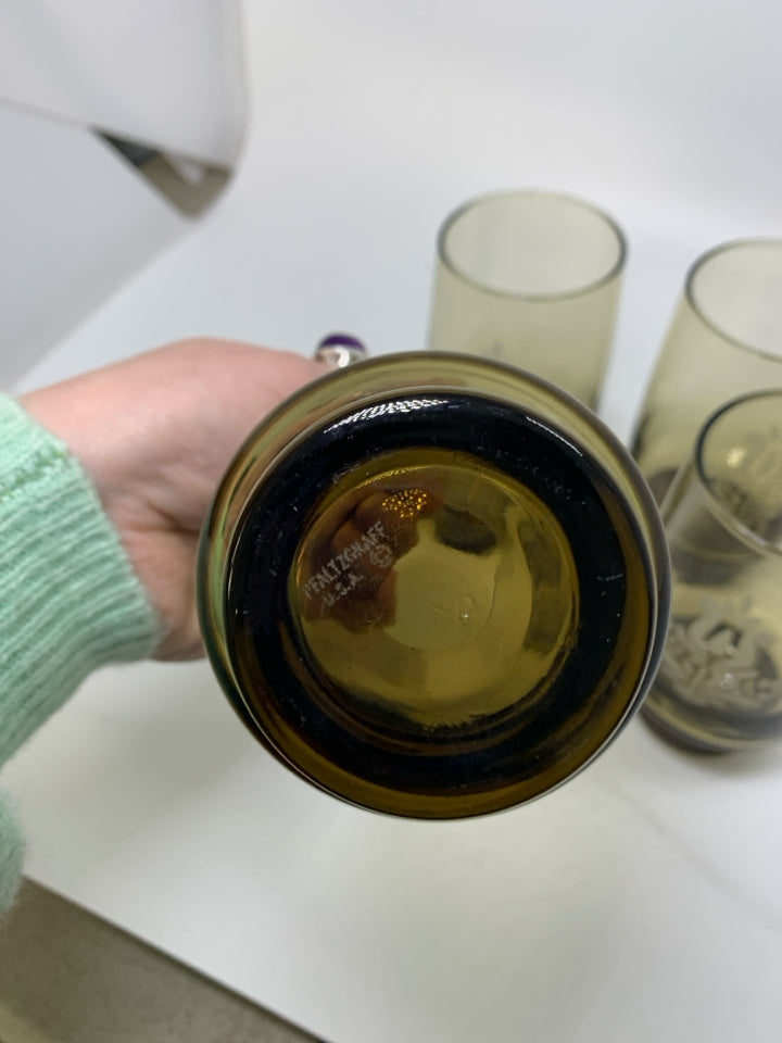 4 VTG FOOTED "VILLAGE" SMOKEY BROWN GLASSES.
