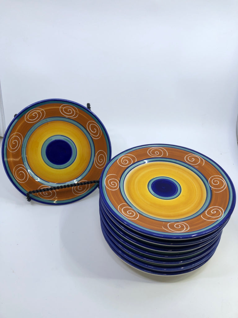 8 BLUE BROWN/TEAL/GOLD DESIGN DESSERT PLATES.