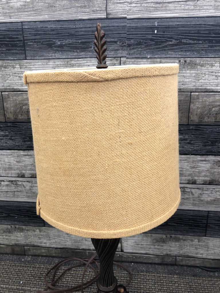 BRONZE SCROLL BASE LAMP W/BROWN SHADE.