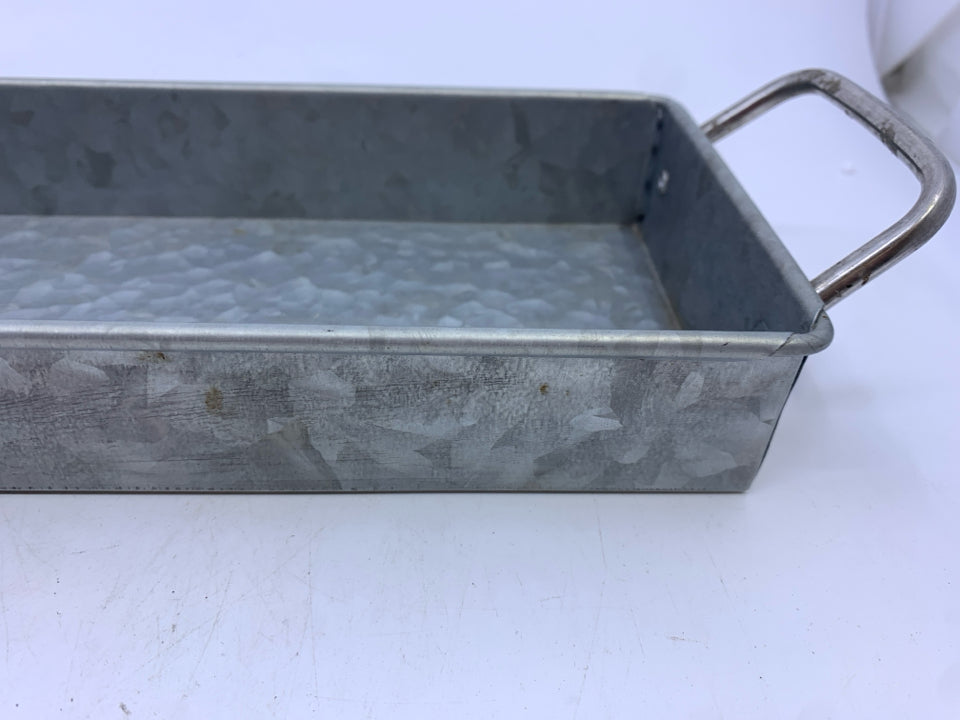 SKINNY GALVANIZED METAL TRAY W HANDLES.