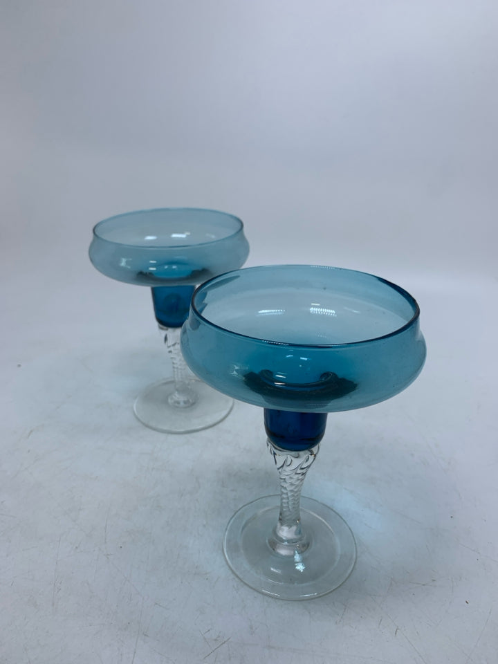 2 SMALL LIGHT BLUE GLASS MARTINI GLASSES TWISTED STEMS.