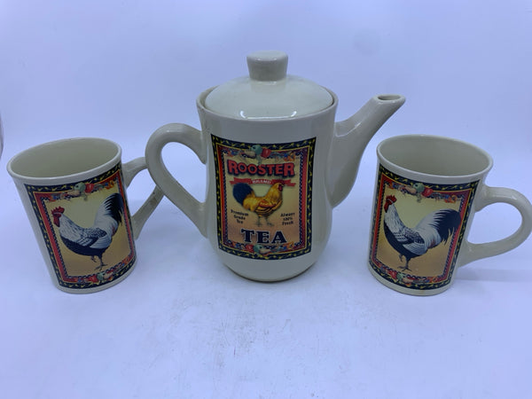 3PC BAY ISLAND ROOSTER MUGS AND TEAPOT.