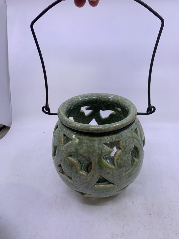 LIGHT GREEN CERAMIC PIERCED SPHERE LANTERN TEA LIGHT.