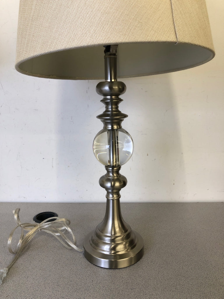 SILVER/GLASS BALL TABLE LAMP W/ BEIGE SHADE.