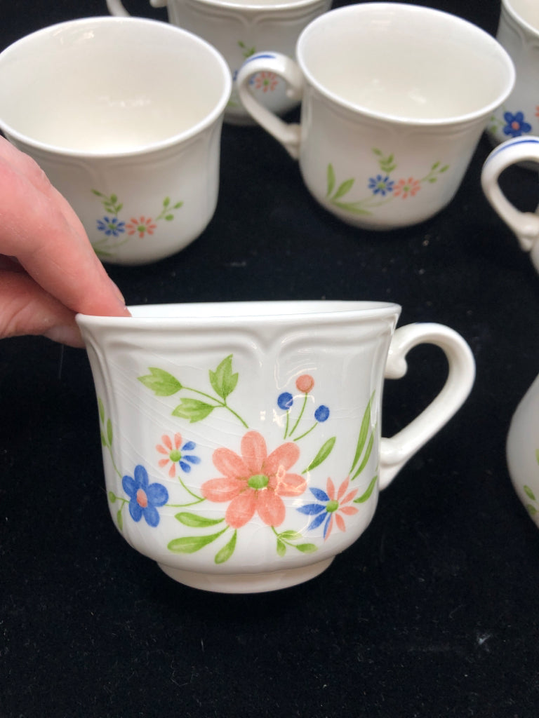 7 COUNTRY FRENCH IRONSTONE FLORAL MUGS.