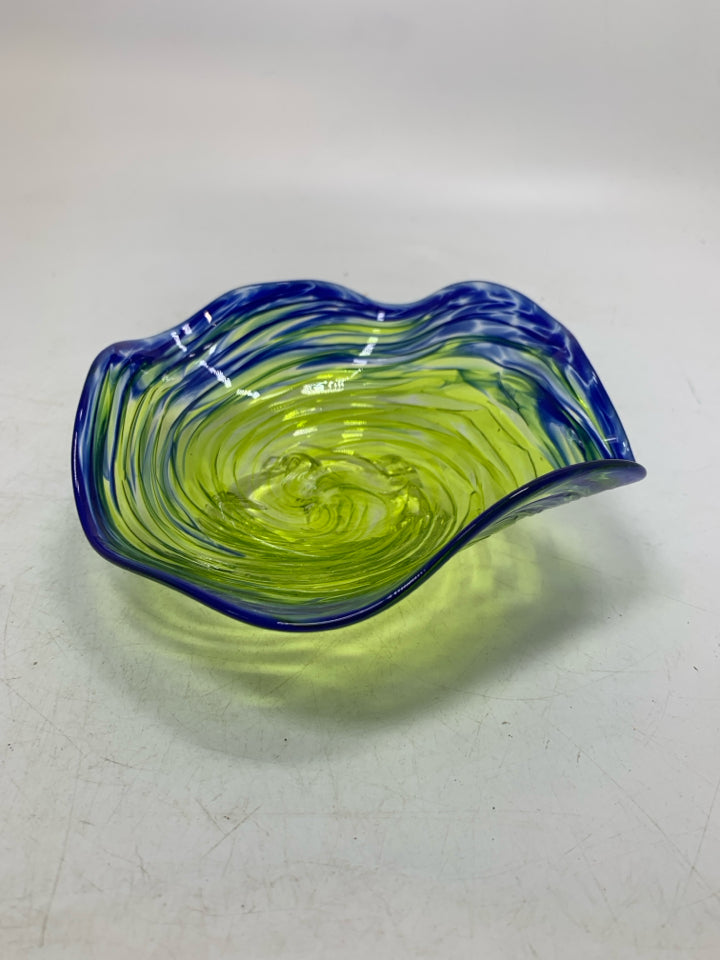 BLUE/YELLOW BLOWN GLASS SMALL CATH ALL DISH.