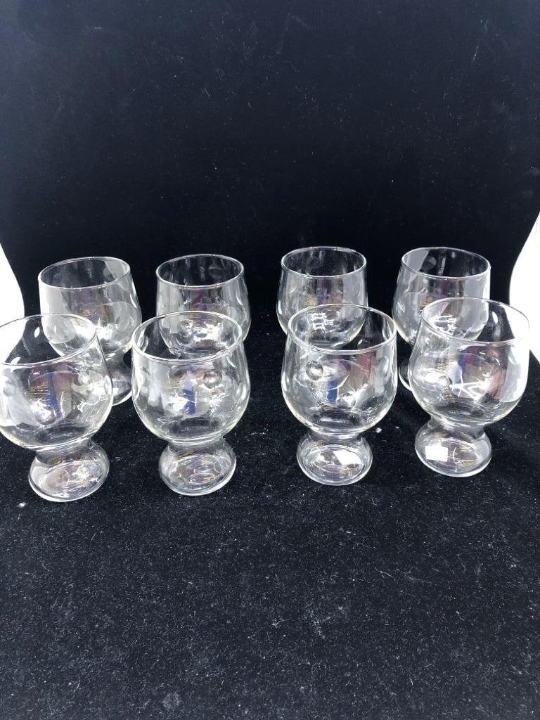 8 BUBBLE BOTTOM GLASSES CLEAR W/ ETCHED CIRCLES.