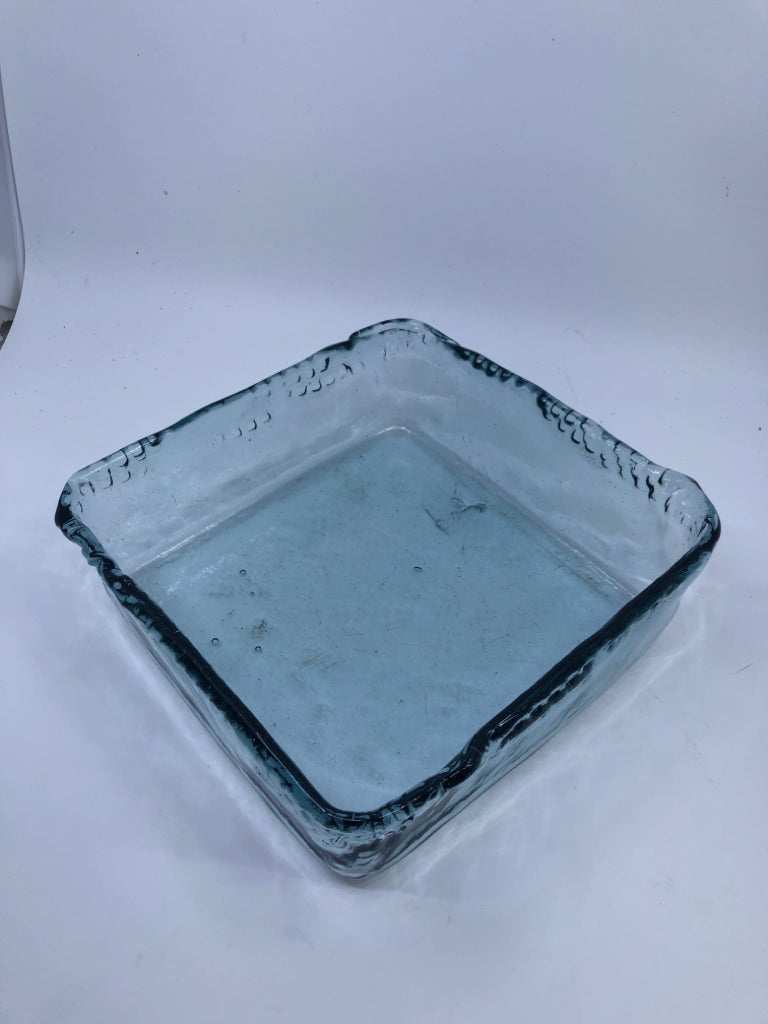 PALE BLUE HEAVY SQUARE GLASS CENTERPIECE DISH.