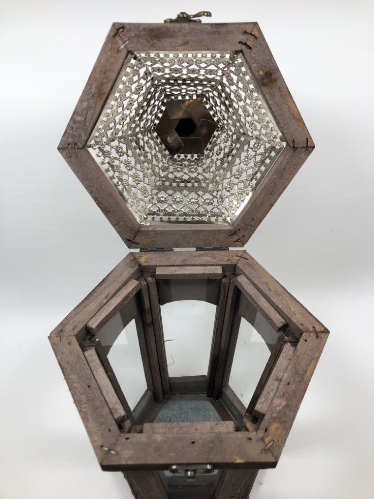 RUSTIC LANTERN W/HEXGON SHAPE.