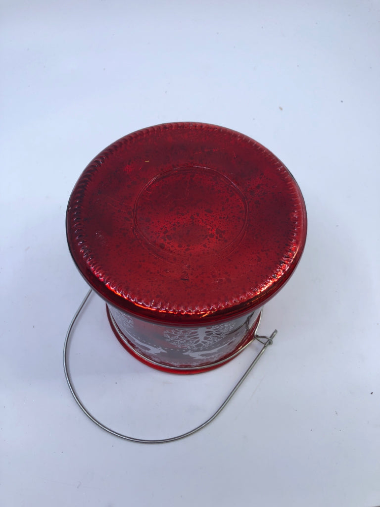 RED W REINDEER MERCURY GLASS LANTERN.