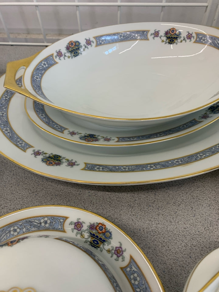 39PC BLUE BAND FLOWER BASKET CHINA SET SERVICE FOR 4.