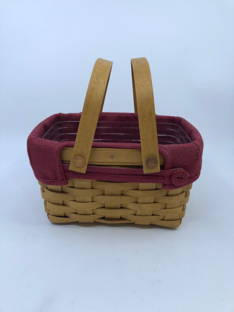 SMALL RECTANGLE BASKET W RED AND PLASTIC LINER AND 2 HANDLES.