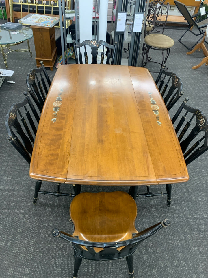 VTG MAPLE/BLACK DROP LEAF DINING TABLE W/ 6 CHAIRS.