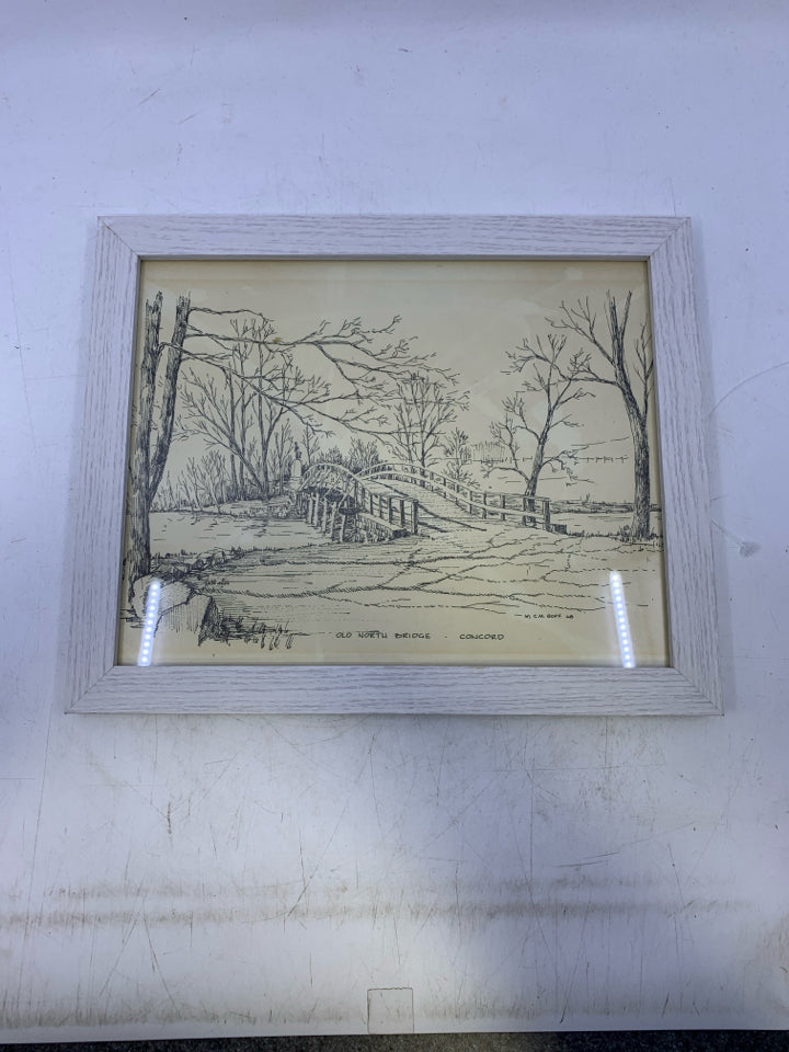 OLD NORTH BRIDGE, CONCORD- DRAWING FRAMED PRINT.