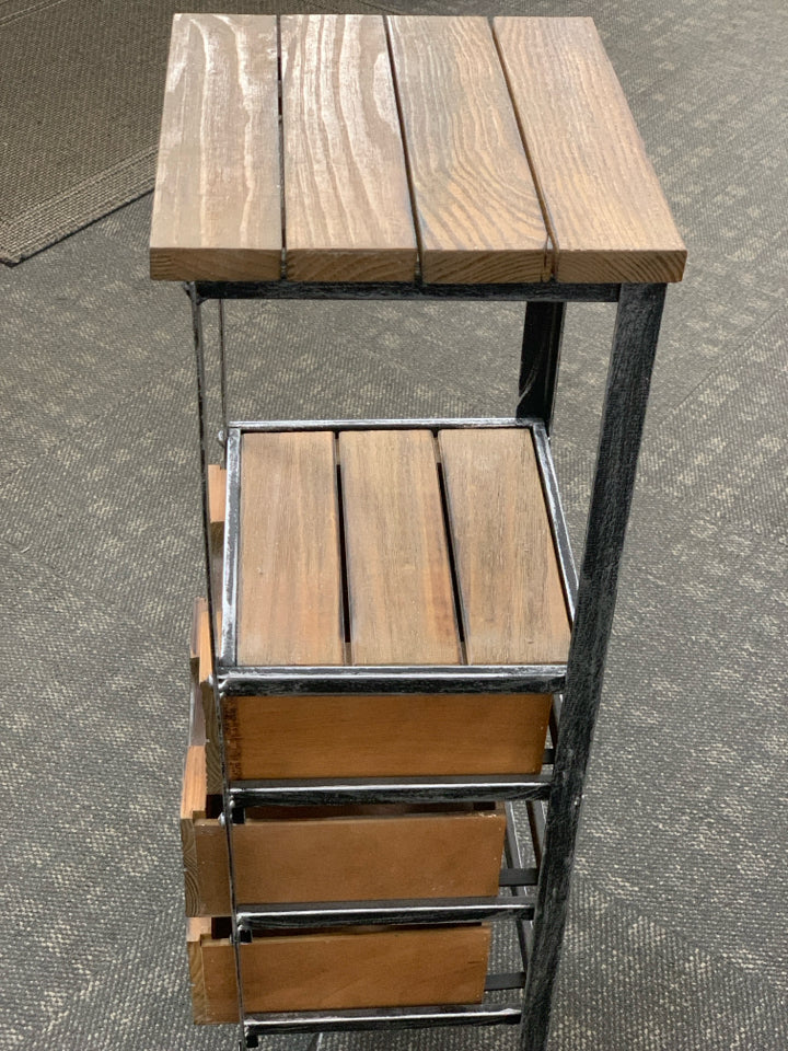 RUSTIC 3 DRAWER WOOD SIDE TABLE W/METAL FRAME.