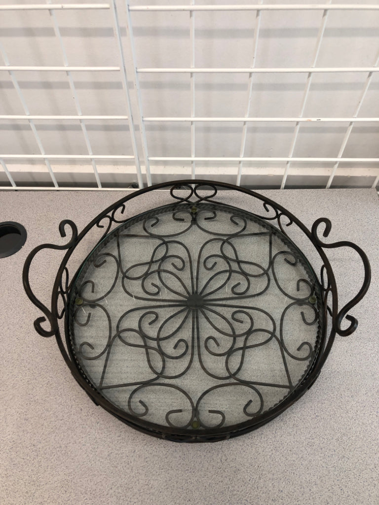 BROWN METAL TRAY W/GLASS BOTTOM.