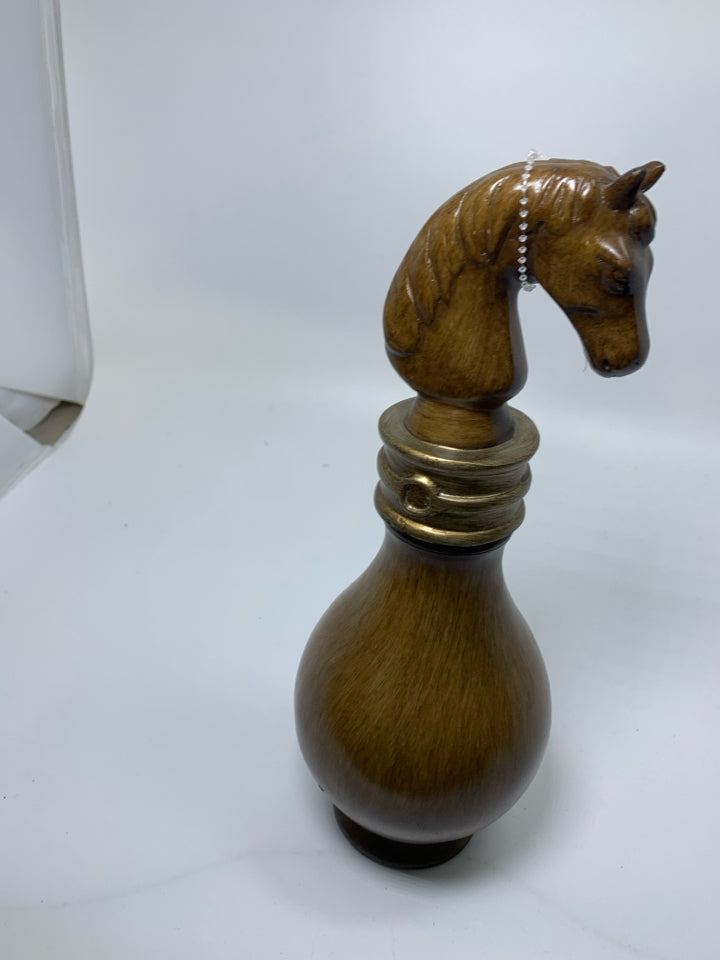 LIGHT BROWN CERAMIC DECANTER W/ HORSE HEAD STOPPER.