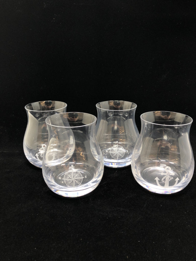 4 CLEAR NAUTICAL WHISKEY GLASSES.