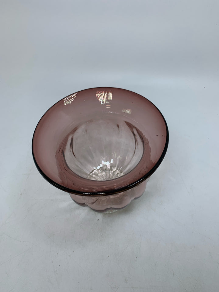 CLEAR GLASS FOOT W/ PURPLE FLARED TOP HEAVY CANDLE HOLDER.