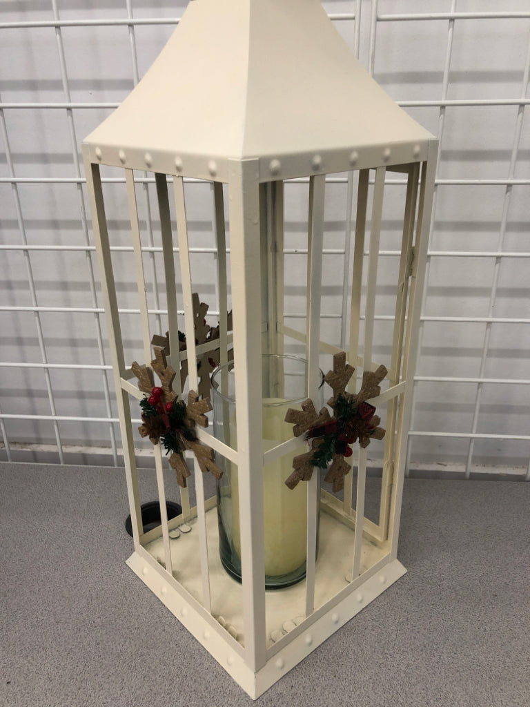 LG WHITE CANDLE LANTERN W/SNOWFLAKES.