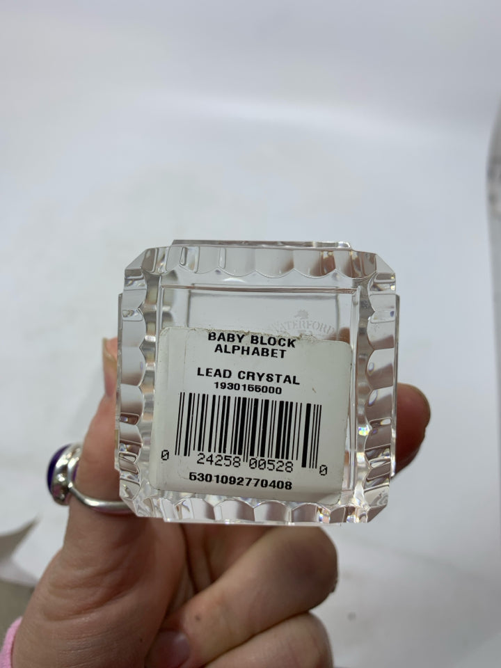 CRYSTAL ABC BABY ALPHABET BLOCK PAPERWEIGHT IN BAG.