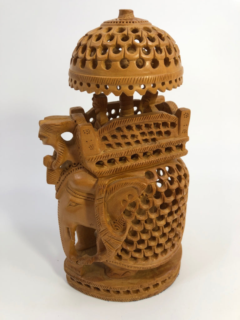 DETAILED WOOD CARVING AMBARI ELEPHANT FIGURINE.