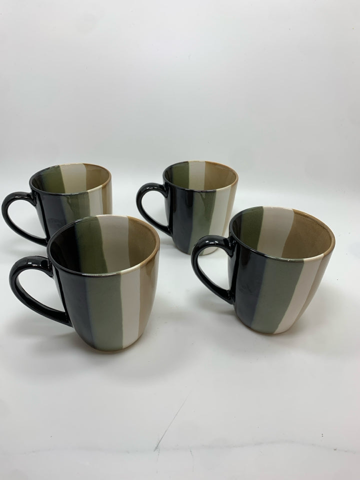 4 TAN/BLACK STRIPE COFFE MUGS.