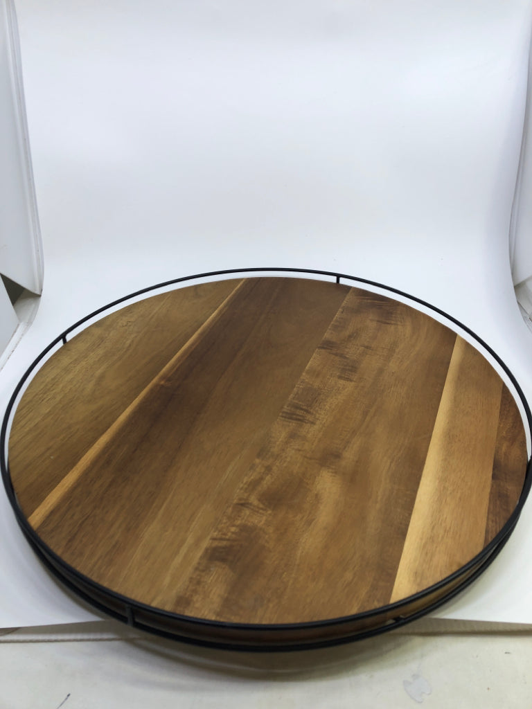 WOOD LAZY SUSAN W/METAL BORDER.