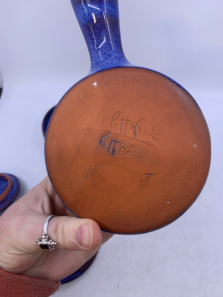 2 BLUE/PURPLE TERRA COTTA FRENCH ONION SOUP CROCKS W/ LIDS RIMS UNEVEN.