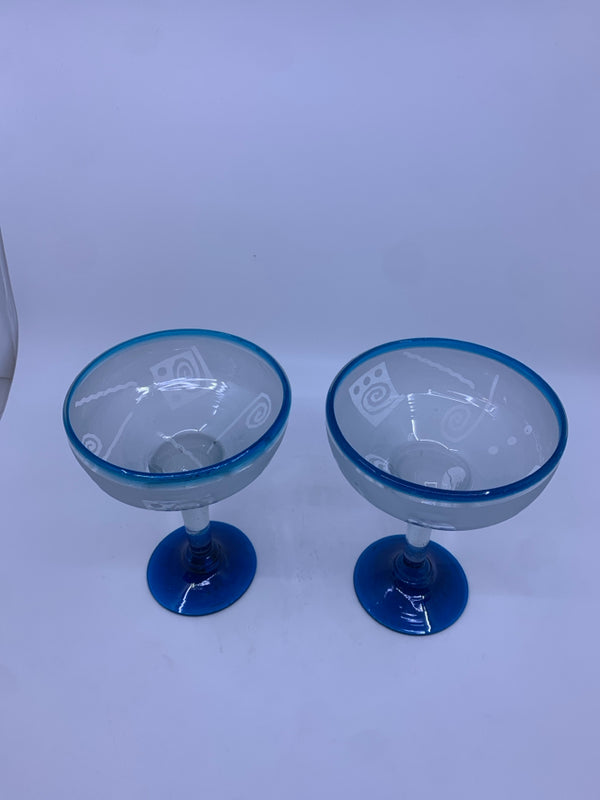 2 FROSTED BLUE MARGARITA GLASSES.