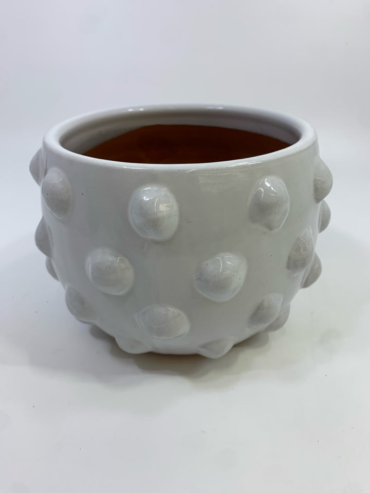 LIGHT GRAY GLAZED TERRA COTTA BUBBLE PLANTER.