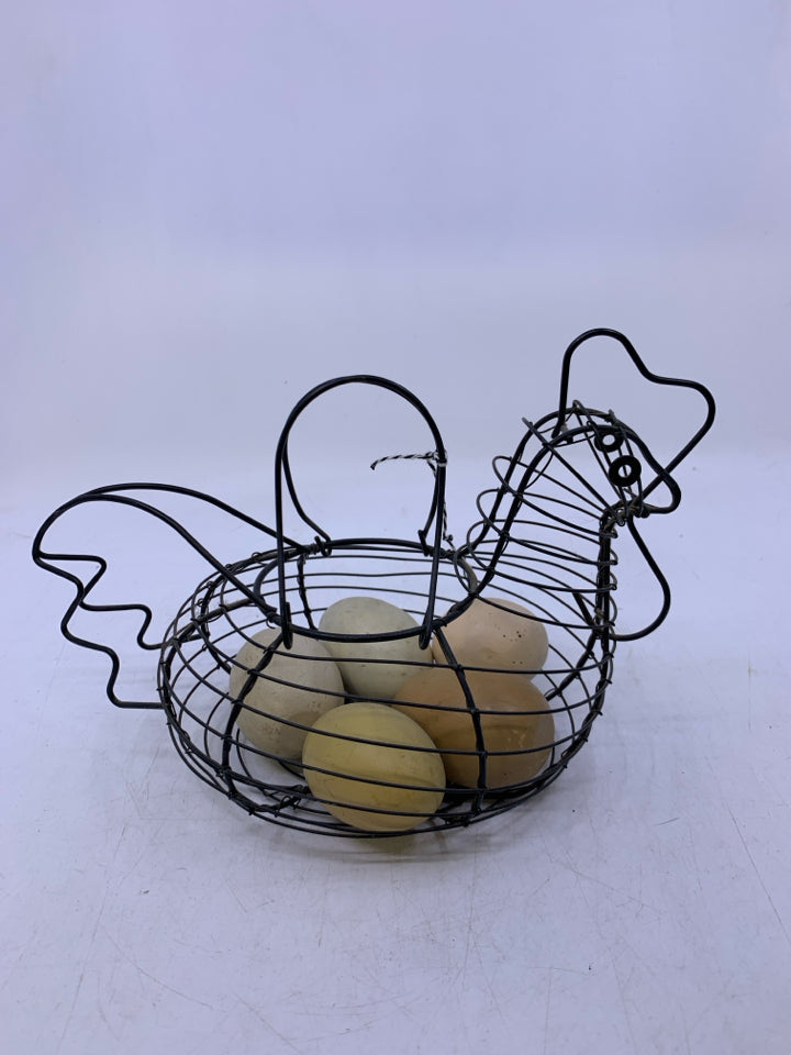 HEN SHAPED METAL BASKET W/ FAUX EGGS.