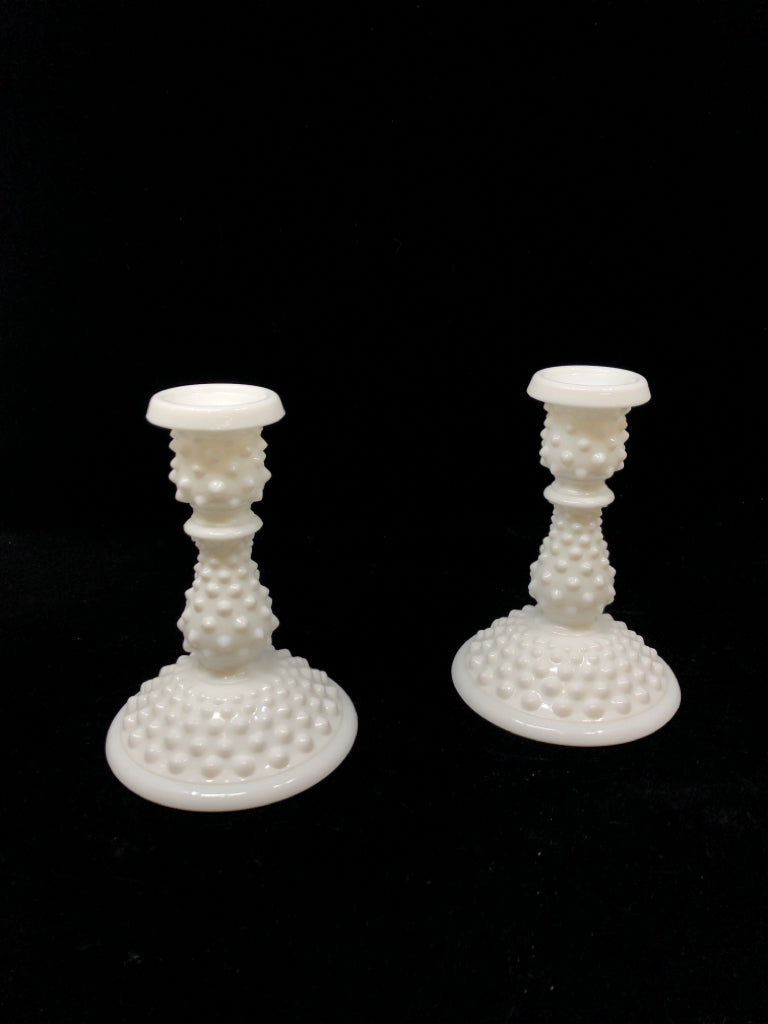 2 VTG HOBNAIL MILK GLASS TAPERED CANDLE HOLDERS.