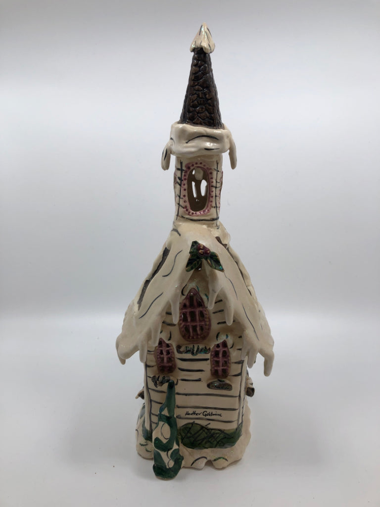 2PC TALL CERAMIC CHURCH CANDLE COVER W/TRIVET.
