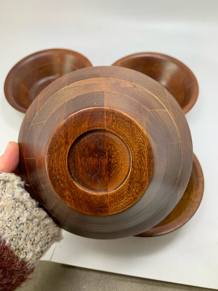 4 DARK WOOD SALAD BOWLS.