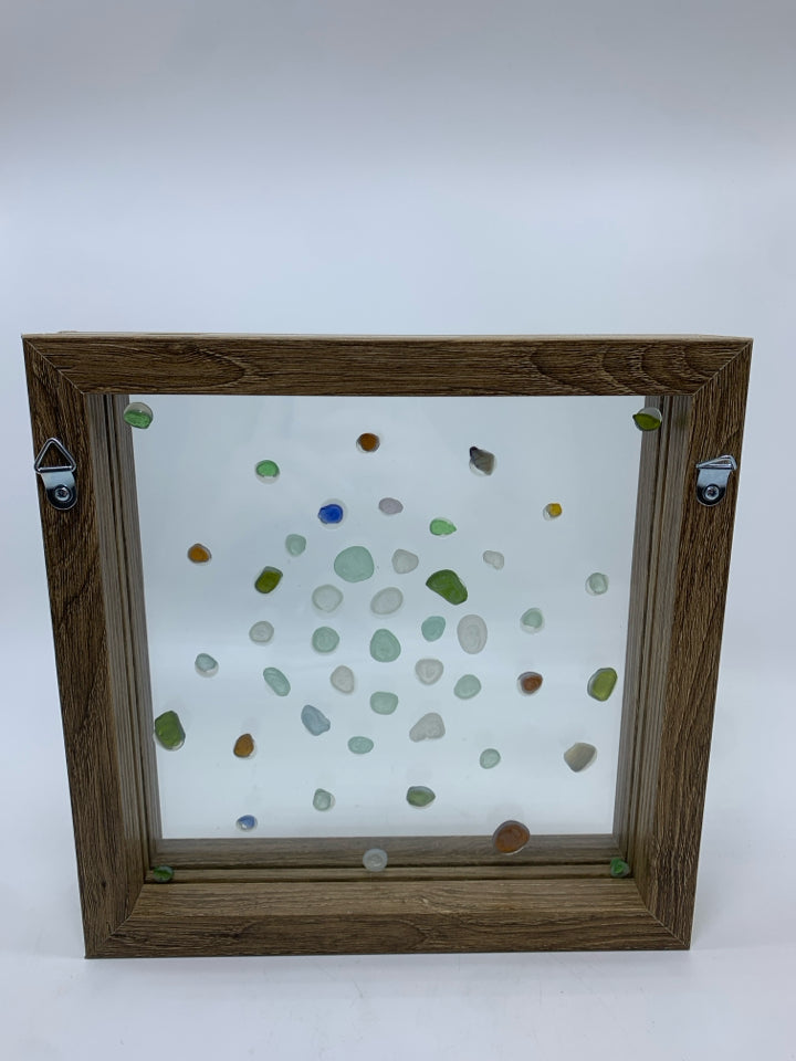 SEAGLASS IN WOOD SHADOWBOX FRAME.