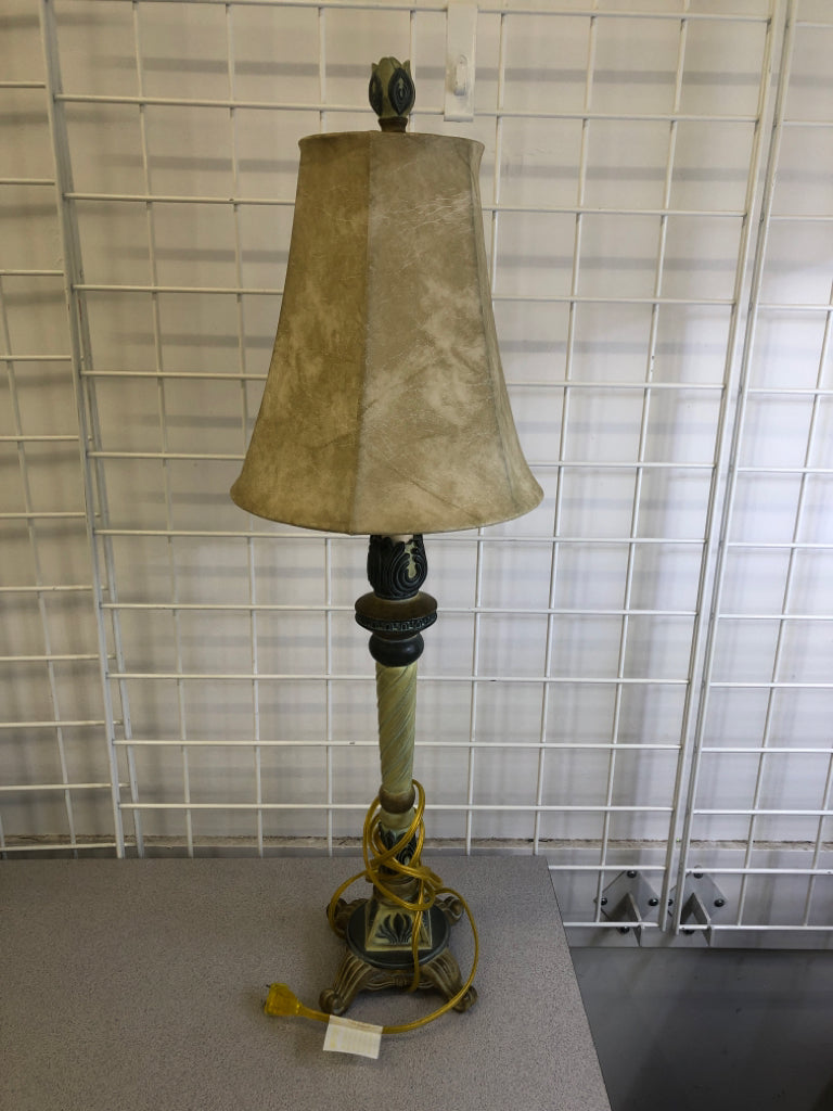 ORNATE CREAM LAMP W/DISTRESSED SHADE.