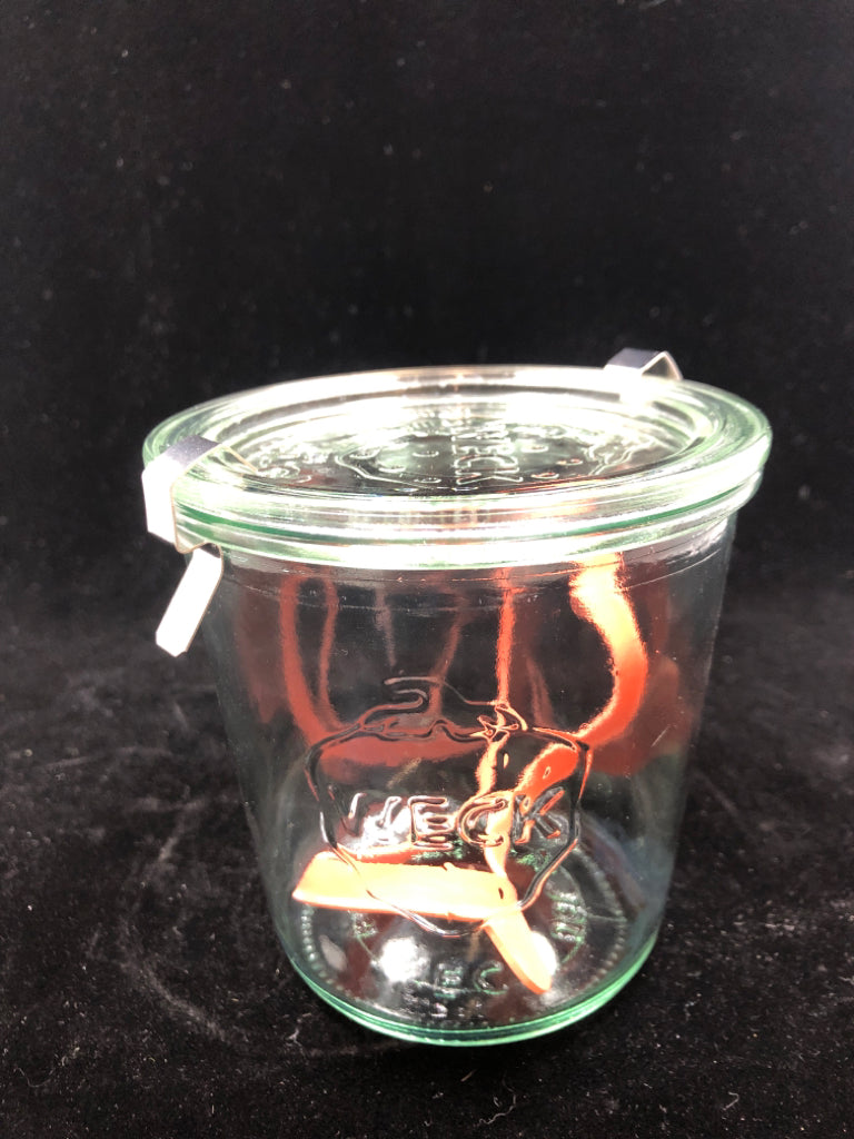 WECK MOLD GLASS CANNING JAR W/RUBBER SEALING RING AND CLAMPS.