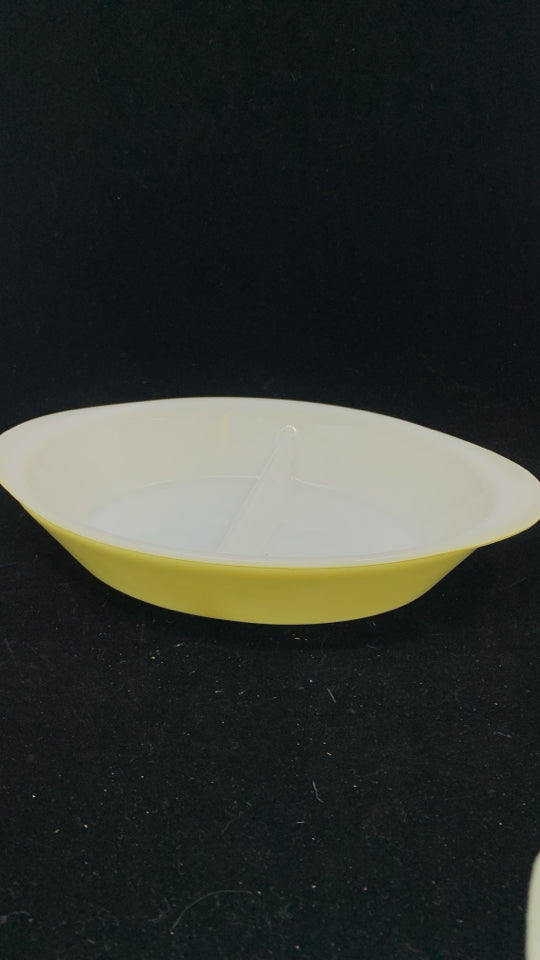 VTG DIVIDED YELLOW GLASBAKE DISH.