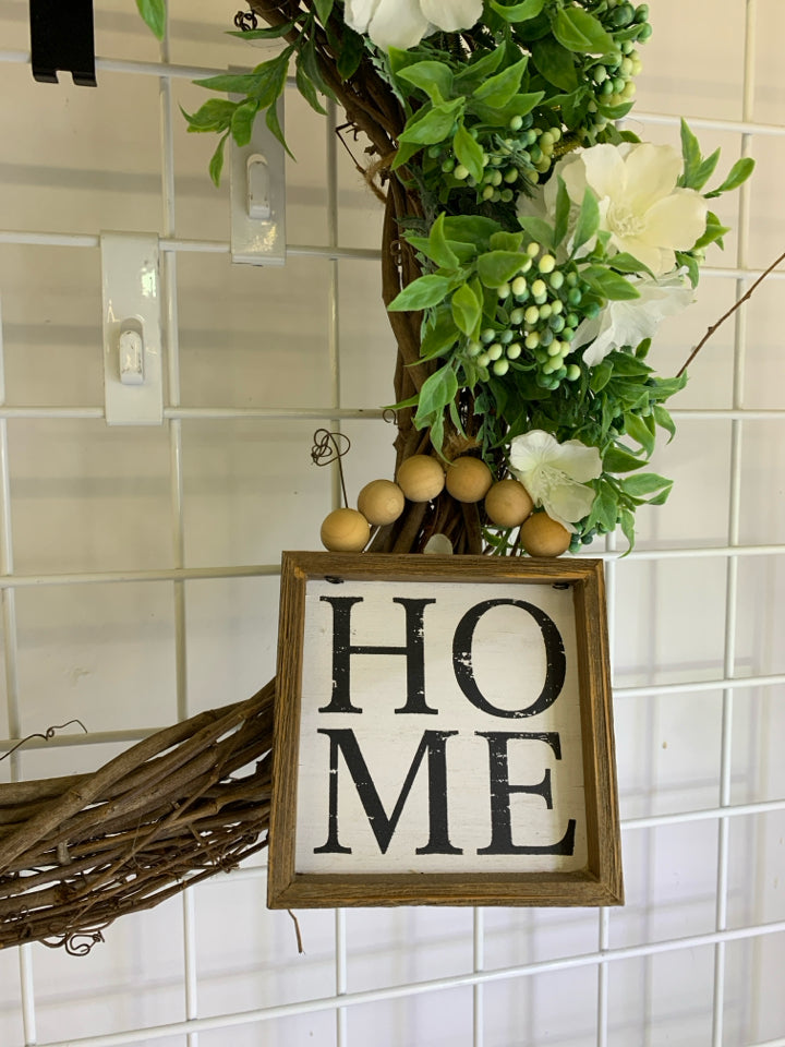 TWIG WREATH W/FAUX WHITE FLORAL GREENERY & WOOD BEAD HOME SIGN.