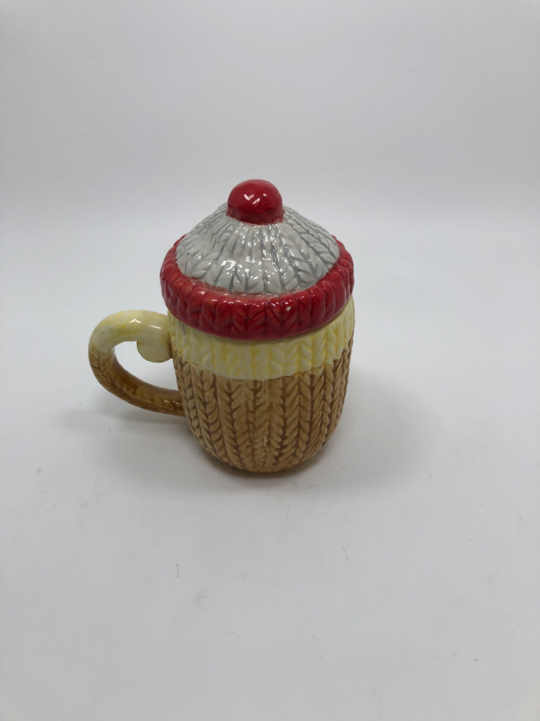 SOCK MONKEY CERAMIC MUG W/LID.
