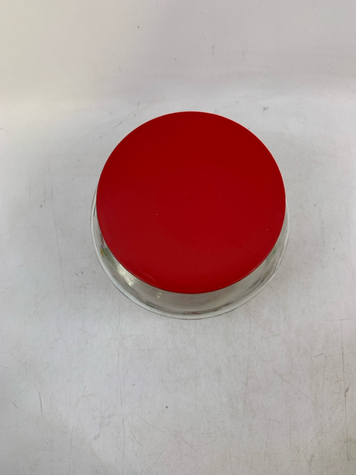 CLEAR GLASS W/ RED LID & PRINTED SANTA/ TREES.