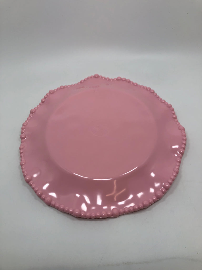 4 PINK MELAMINE PLATES W/BEADED EDGE.