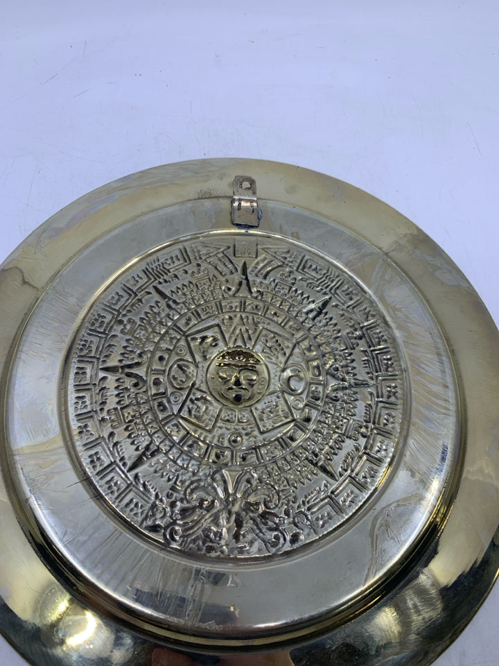 VTG SILVER METAL MOTHER OF PEARL AZTEC SUN CALENDAR.