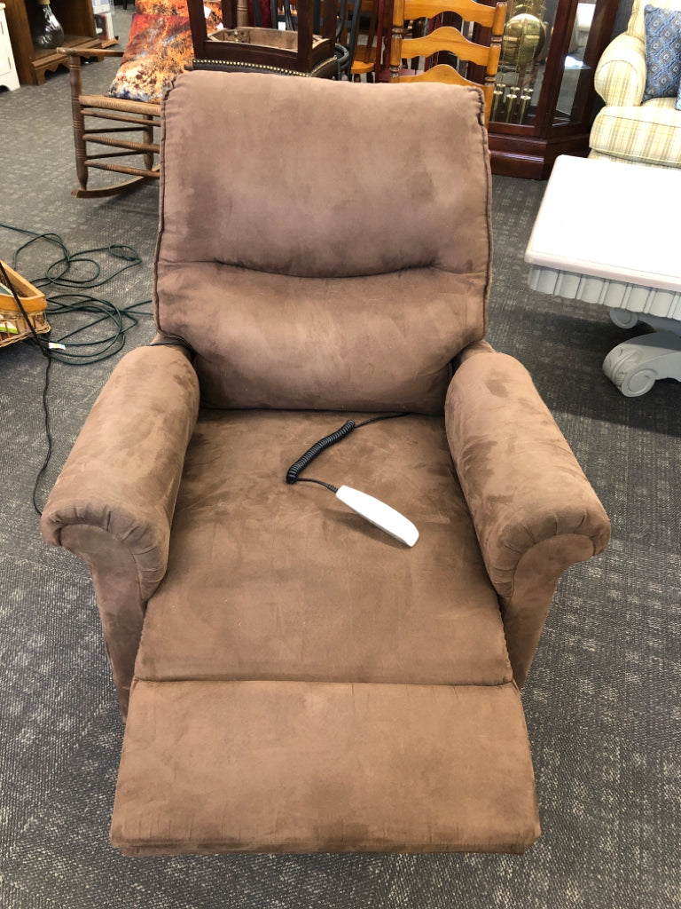 BROWN SUEDED ELECTRIC RECLINER.