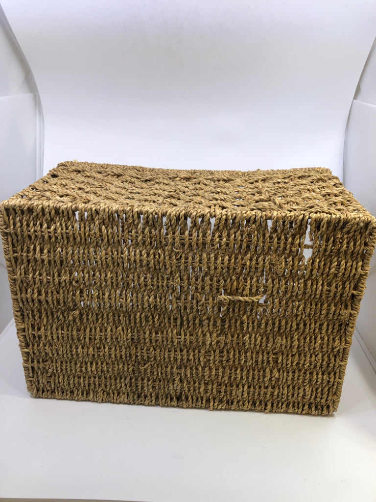 BROWN RECTANGLE BASKET W/SILVER HANDLES.
