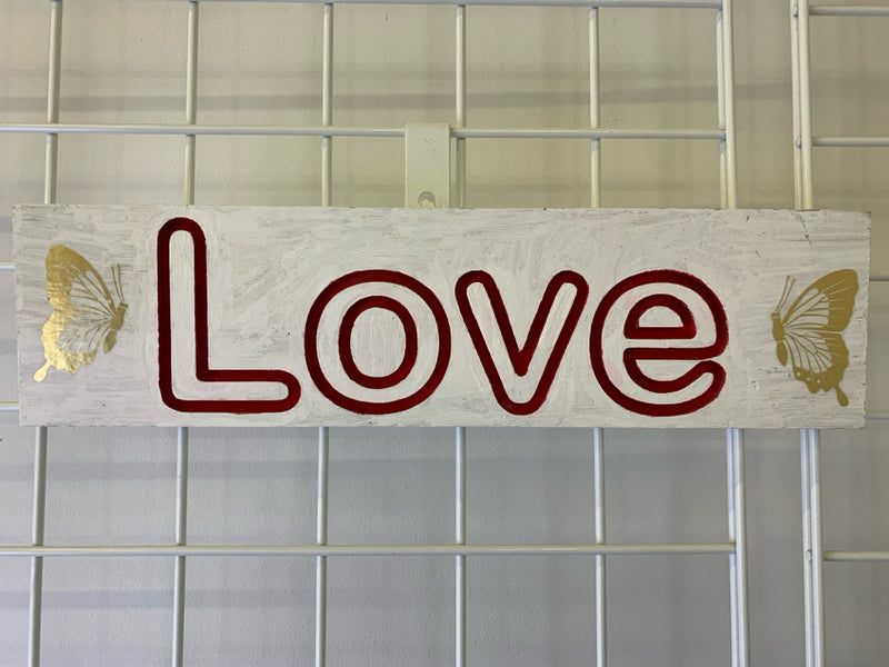 "LOVE" WHITE WOOD SIGN W/ GOLD BUTTERFLIES WALL HANGING.